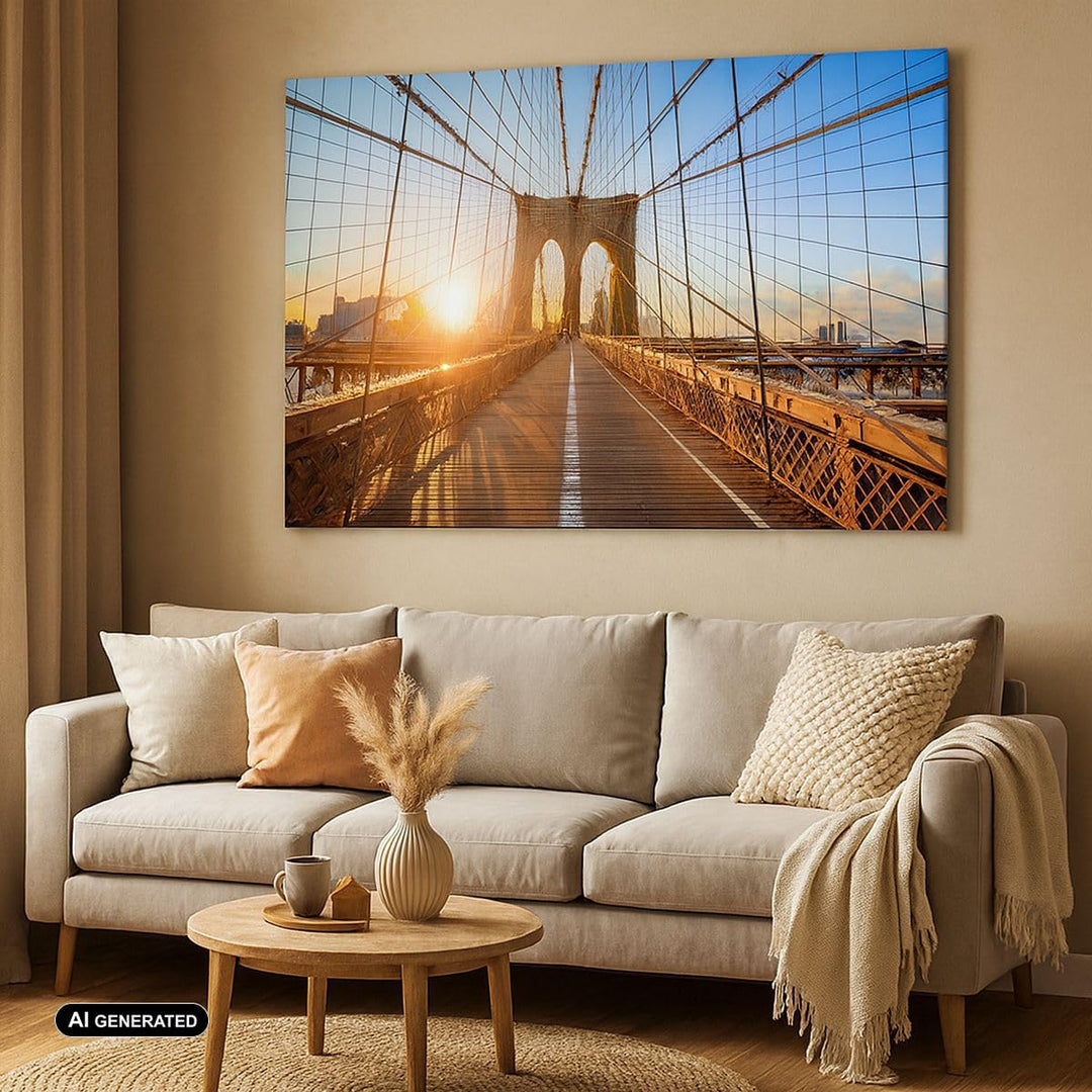 Bilder auf Leinwand 100x70cm Leinwandbild mit Rahmen New York Brücke Gross Wanddeko Bild Schlafzimme