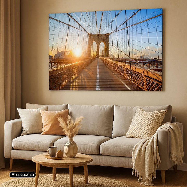 Bilder auf Leinwand 100x70cm Leinwandbild mit Rahmen New York Brücke Gross Wanddeko Bild Schlafzimme