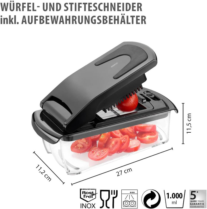 GEFU Würfel- und Stifteschneider mit Behälter | 3 Einsätze für Würfel, Stifte & Scheiben | Edelstahl