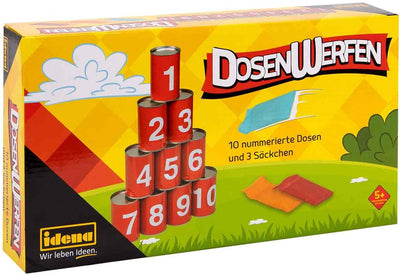 Idena 40189 - Spiel-Set Dosenwerfen mit 10 nummerierten Metall-Dosen und 3 Sand-Säckchen, Wurf- und