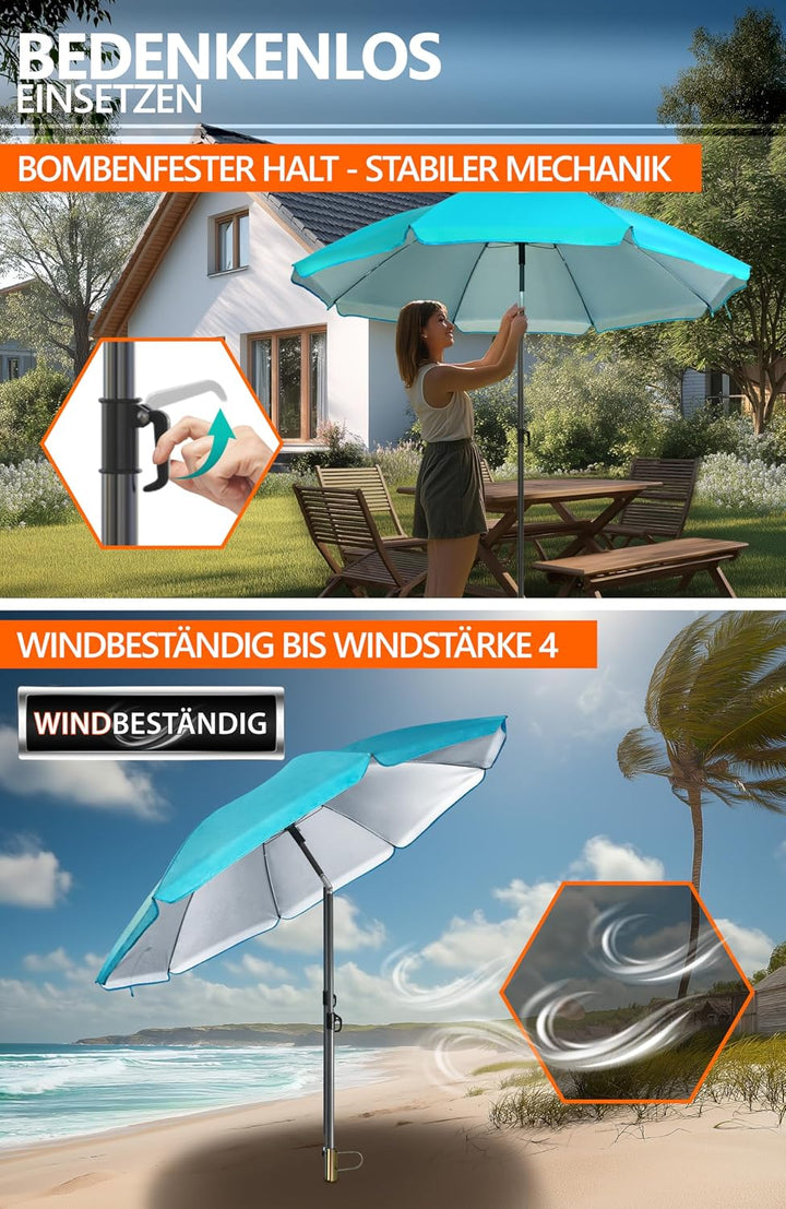 4smile Sonnenschirm Strand SunnyJoy Ø 2 m, Türkis – 3er Set inkl. Strandschirm windfest stabil, Rase
