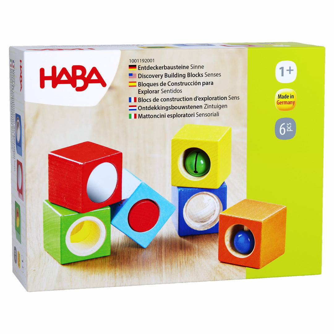 HABA Erkundungssteine – Sinnesbausteine aus Holz ab 1 Jahr – 6 sensorische Bausteine mit Sehen-, Hör