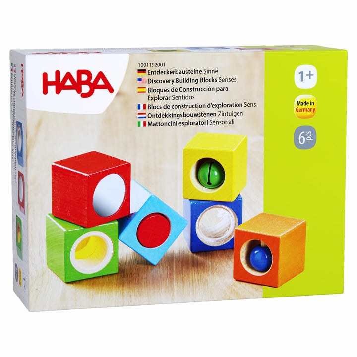 HABA Erkundungssteine – Sinnesbausteine aus Holz ab 1 Jahr – 6 sensorische Bausteine mit Sehen-, Hör