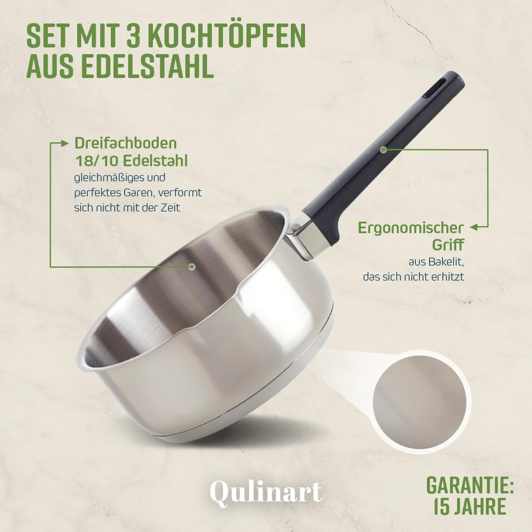 Qulinart 3er-Set Kochtöpfe, dreifacher Boden, PFOA-freier, antihaftbeschichteter, kratzfester Edelst