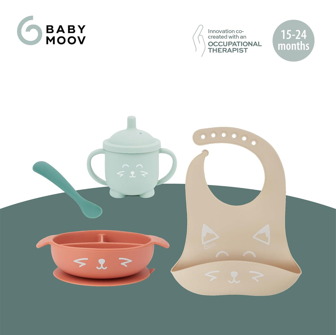 Babymoov Baby Geschirrset LEARN'ISY Hund - 4er Set aus Silikon, Trinklernbecher, Baby Lätzchen, Baby