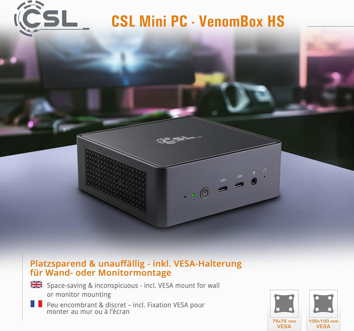 Mini PC CSL VenomBox HS Windows 11 Pro, AMD Ryzen 7 8845 HS 8X 3800 MHz, 4000 GB M.2 SSD, 96 GB DDR5