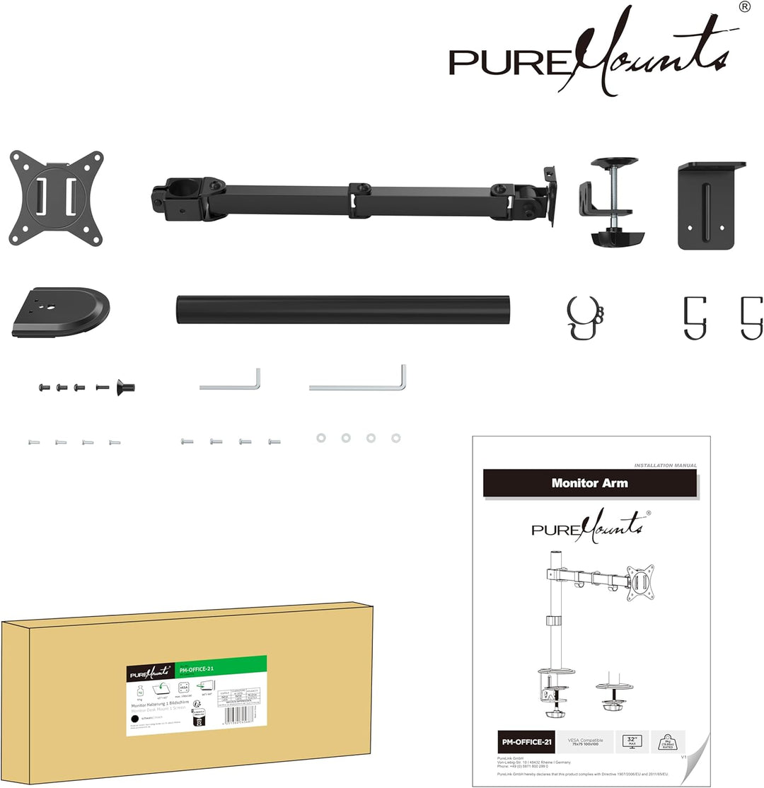 PureMounts Monitor Halterung, Monitorhalterung für 1 Bildschirm, 17 bis 32 Zoll, höhenverstellbar, n