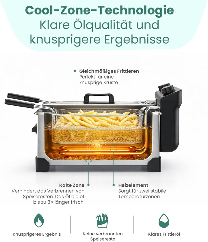 EMERIO 2x 3.0L Öl-Fritteuse mit Kaltzonen Technologie | Doppelkammer | Thermostat | kein bitterer Ge