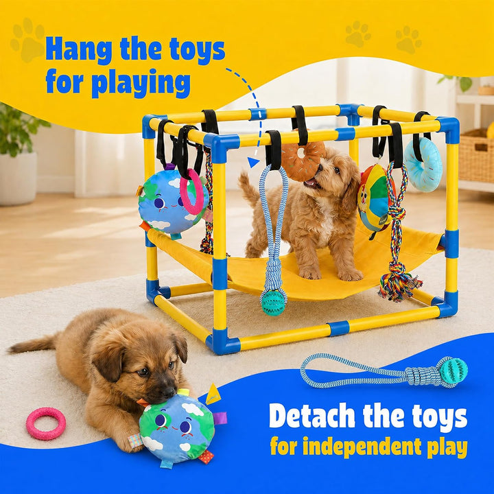 Welpen Spielgerüst Welpenspielstudio mit 8 hängenden Spielzeugen Wurfbox | für kleine Hunde Indoor S