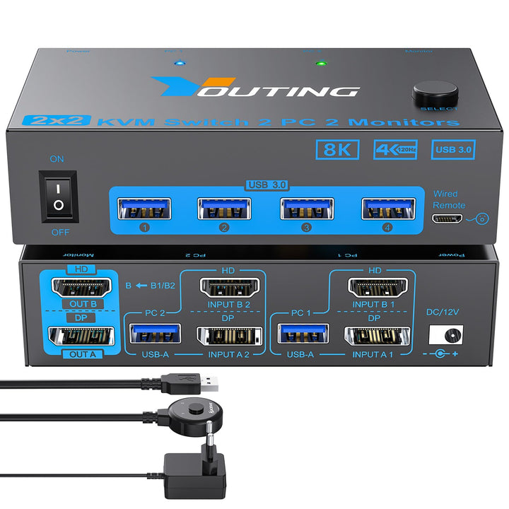 2x2 KVM Switch 2 PC 2 Monitore HDMI DP, USB 3.0 KVM Switch Dual Monitor 8K@60Hz HDMI 2.1, 4K@144Hz D
