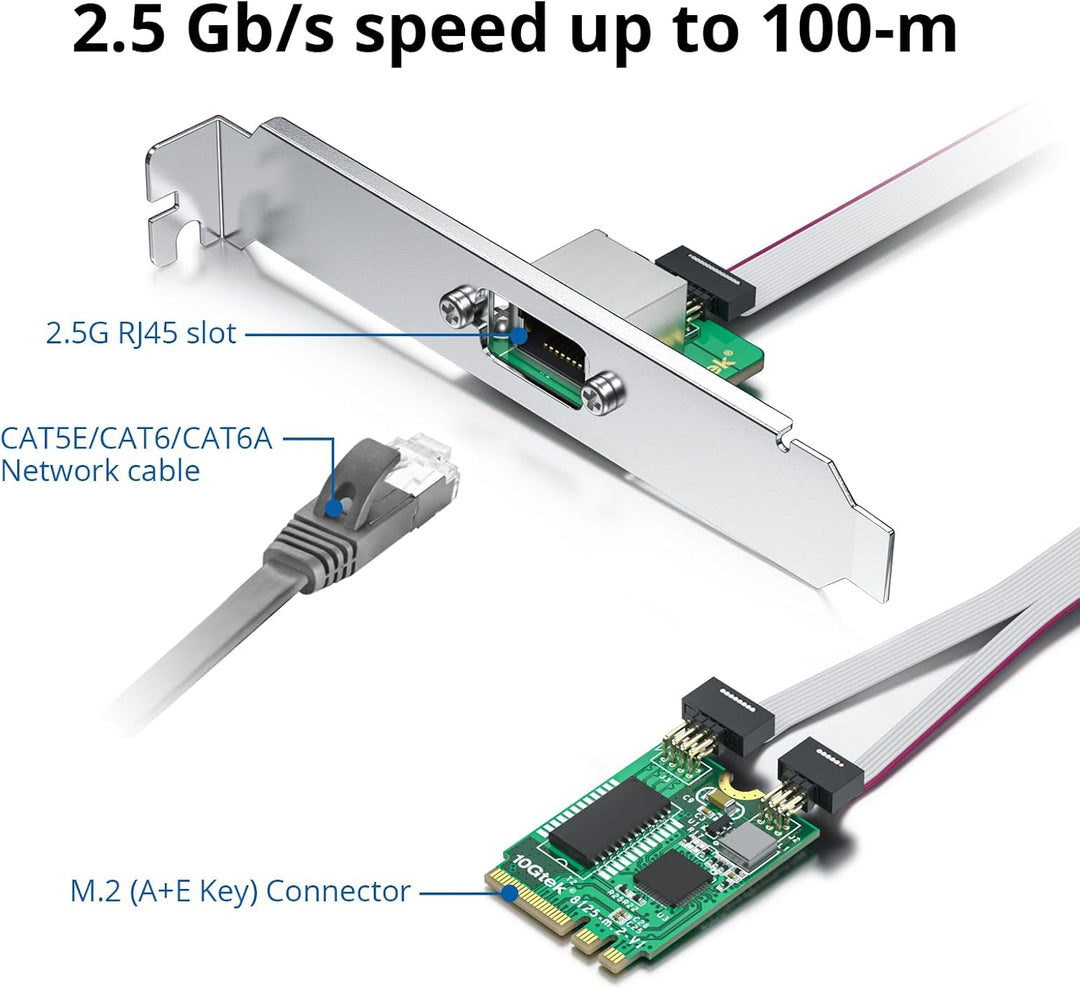 10Gtek M.2 A+E Key 2.5G Gigabit Ethernet Network Card, 18-cm Cable Length 2.5G(M.2 A+E Key) 1-RJ45,
