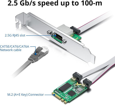 10Gtek M.2 A+E Key 2.5G Gigabit Ethernet Network Card, 18-cm Cable Length 2.5G(M.2 A+E Key) 1-RJ45,