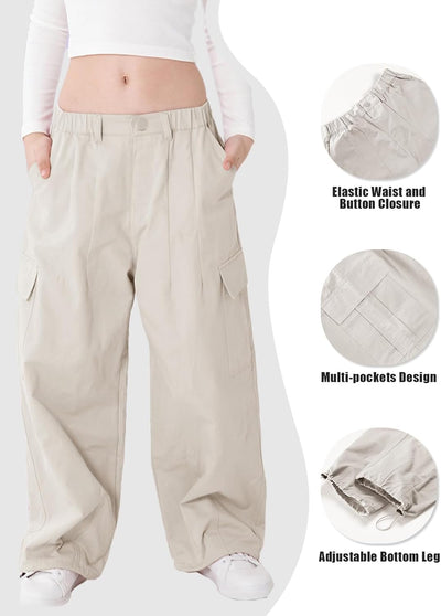 Rolanko Mädchen Cargohose, Baumwoll Baggy Hose mit Elastischer Taille und Mehreren Taschen für Kinde