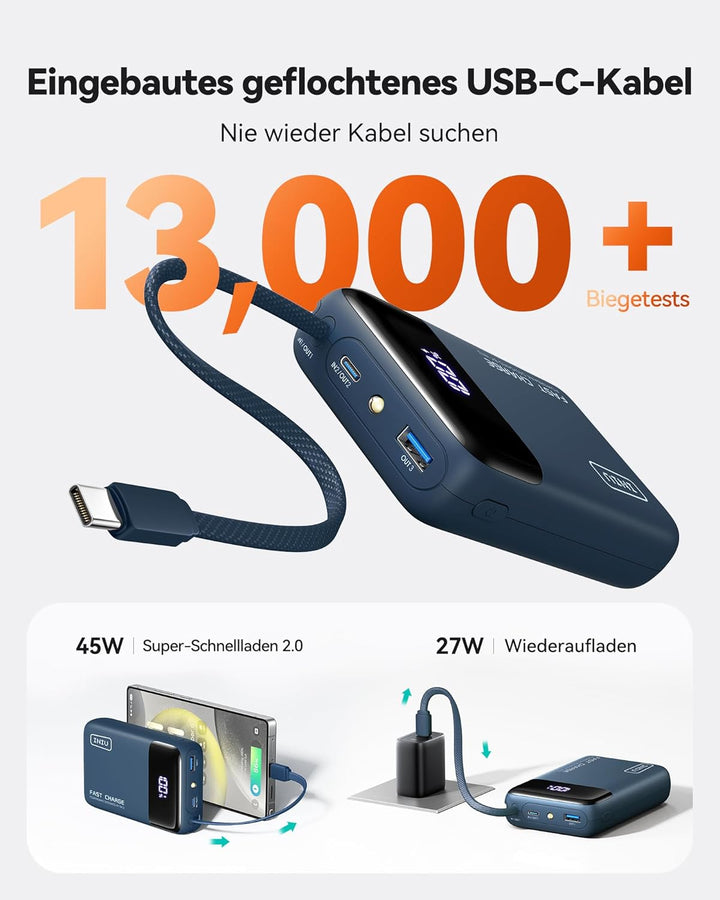 INIU 45W Power Bank, Ultra Klein 20000mAh Powerbank mit Integriertem USB C Kabel, Schnellladen Exter