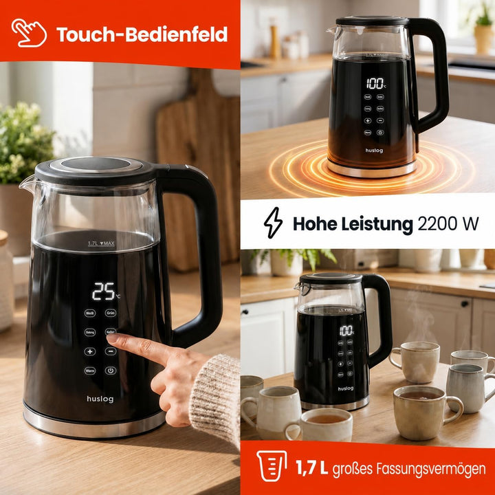 Elektrischer Wasserkocher mit Temperaturanzeige Glas 1,7L 2200W Touchscreen-Bedienfeld Warmhaltefunk