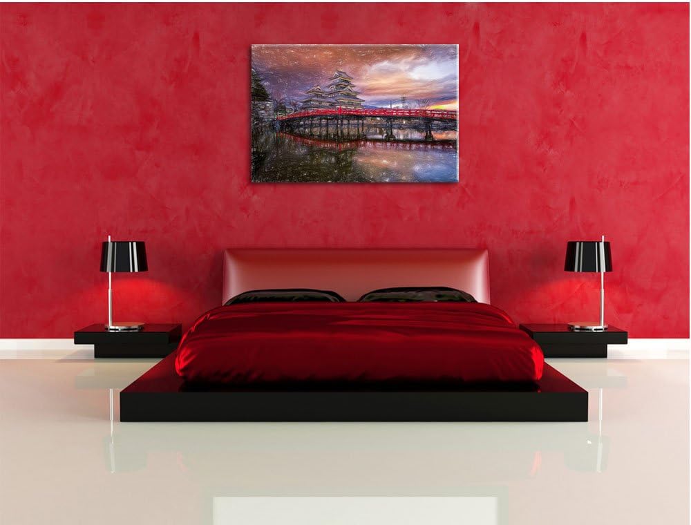 Pixxprint asiatischer Tempel an See / 100x70cm Leinwandbild bespannt auf Holzrahmen/Wandbild Kunstdr