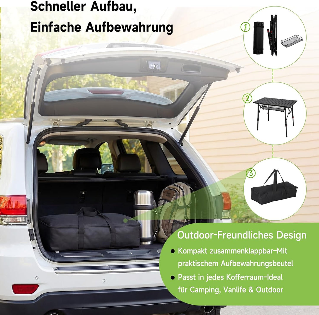 HAUSPROFI Campingtisch Klappbar Aluminium Höhenverstellbar 93x53cm Falttisch mit Aufrollbarer Tischp
