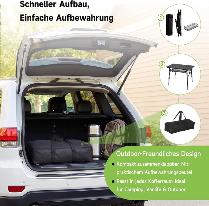 HAUSPROFI Campingtisch Klappbar Aluminium Höhenverstellbar 93x53cm Falttisch mit Aufrollbarer Tischp