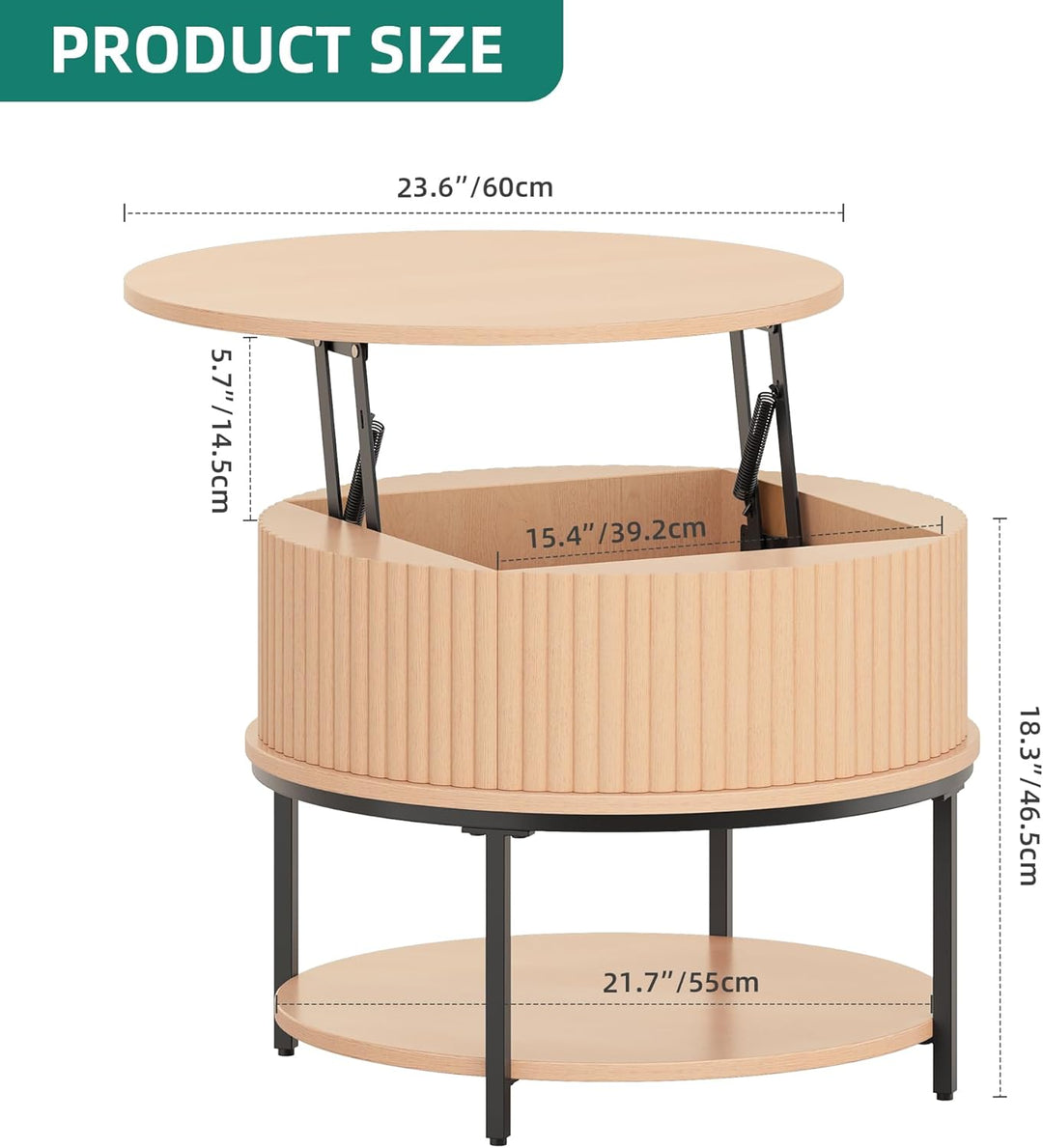 YITAHOME Couchtisch Höhenverstellbar, Couchtisch Rund mit geriffeltem Design und verstecktem Staurau