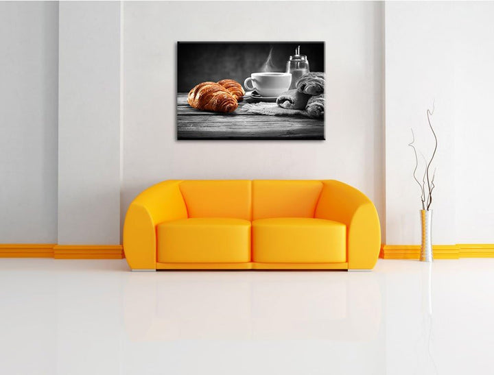 Croissants mit frischem Kaffee schwarz/weiss Format: 100x70 auf Leinwand, XXL riesige Bilder fertig