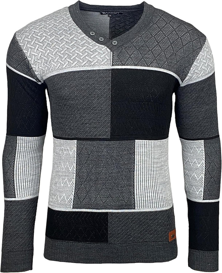 Baxboy Herren Pullover Slim Fit V-Neck Strick-Pullover Rundkragen Moderner Männer schwarzer Pulli Lo