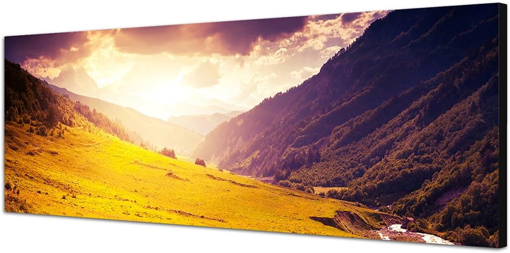 Paul Sinus Art Panoramabild auf Leinwand und Keilrahmen 150x50cm Kaukasus Berge Wiese Sonnenuntergan