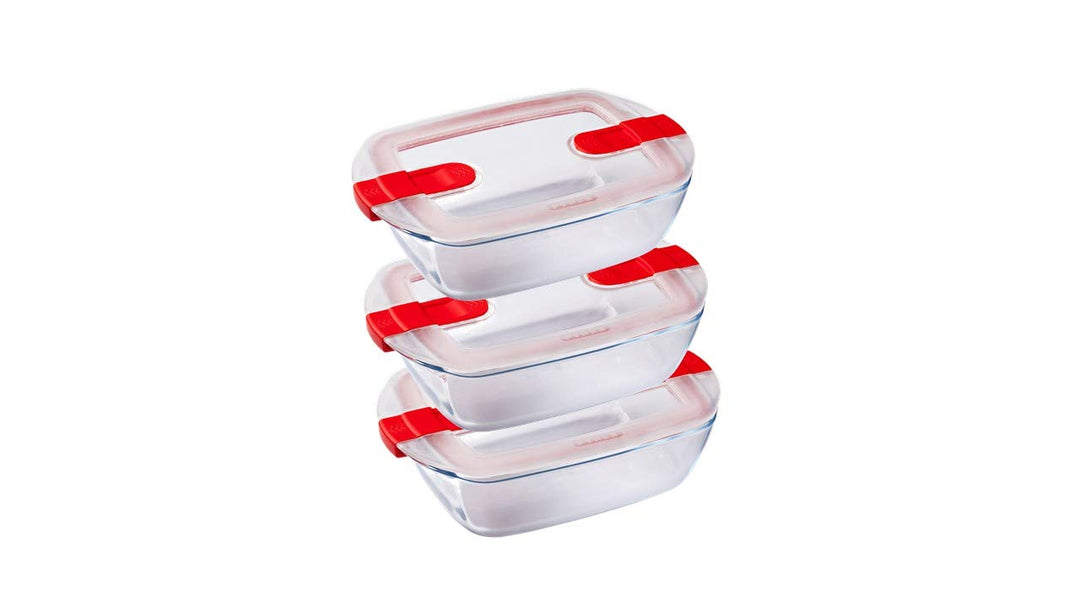 Pyrex 1451130 Cook and Heat Cook & Heat – Set aus 3 Lebensmitteln, rechteckig, Glas 1,1 l, mit luftd
