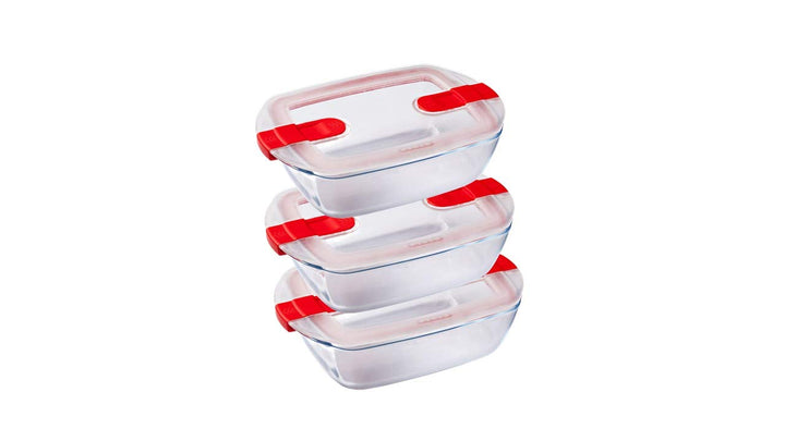 Pyrex 1451130 Cook and Heat Cook & Heat – Set aus 3 Lebensmitteln, rechteckig, Glas 1,1 l, mit luftd