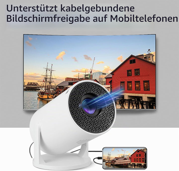 Klein Projektor mit WLAN und Bluetooth, um 270° Drehbarer Tragbarer 1080P-Projektor, 150-Zoll-Smart-