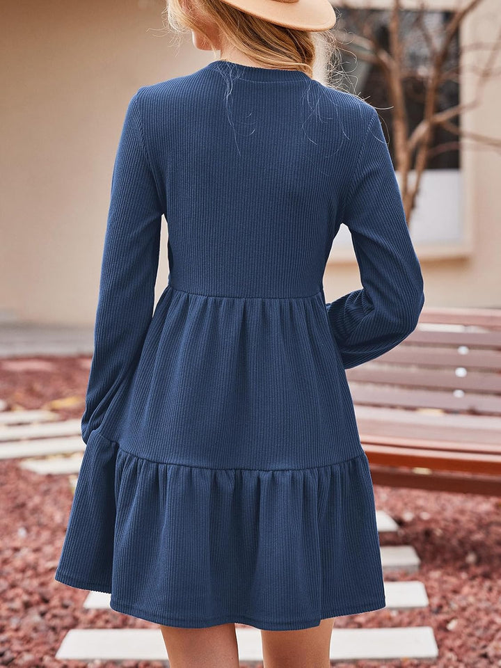 CUPSHE Damen Kleid Rundhals Langarm Volantsaum A Linien Herbst Winter Rippstruktur Kurze Minikleid F