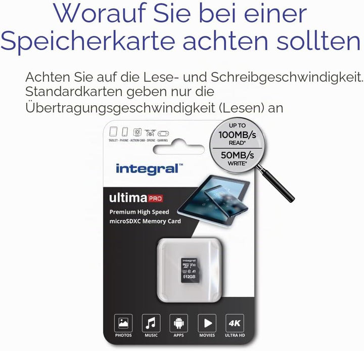 Integral 512GB Micro SD Karte 4K Video Premium High Speed Speicherkarte SDXC bis zu 100MB/s Lesegesc