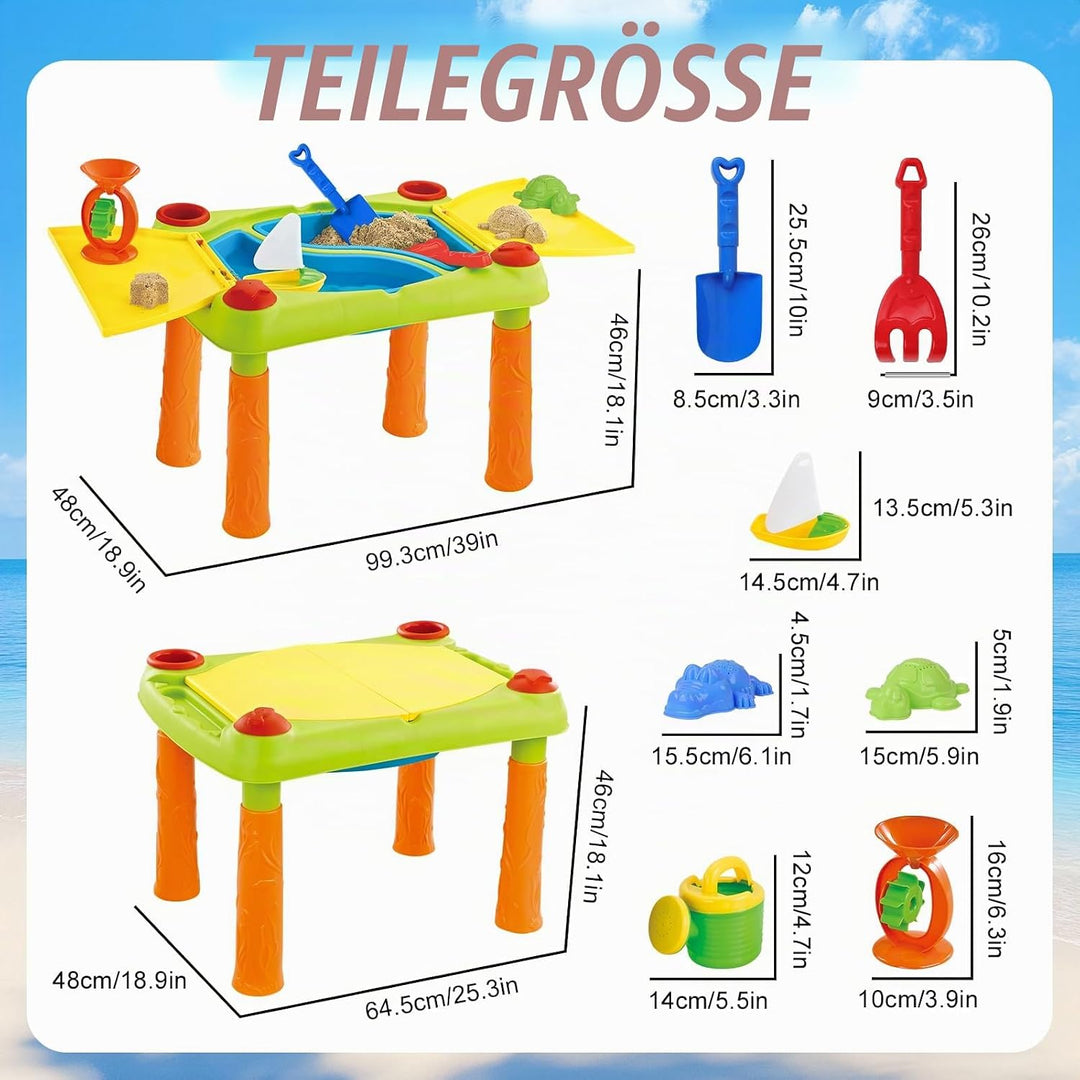 deAO Sand und Wasser Outdoor Aktivitäten Spieltisch für Kinder mit Doppelfach, Deckel und über 10 Zu