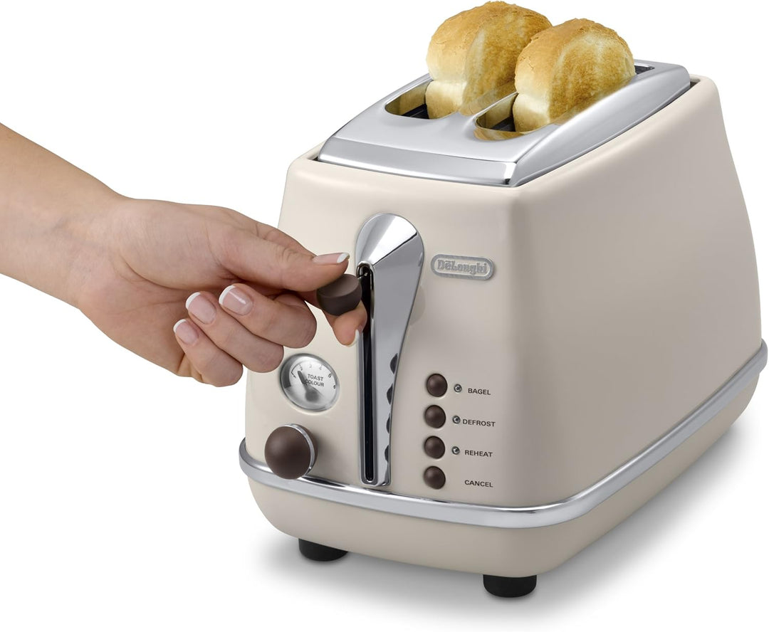 De'Longhi Toaster Icona Vintage CTOV2103.BG - 2-Schlitz-Toaster mit Brötchenaufsatz, Edelstahl in el