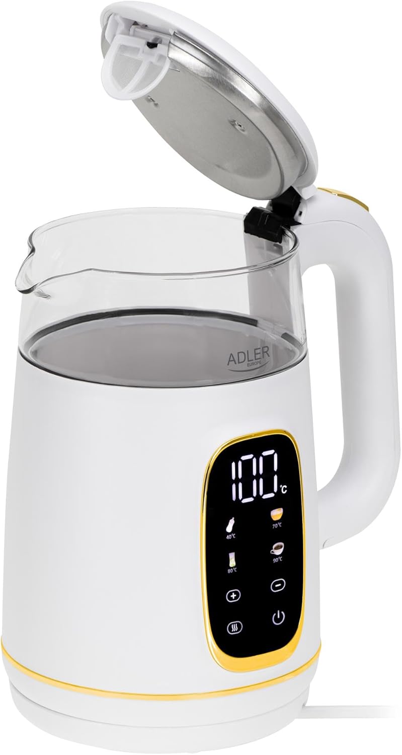 Adler Wasserkocher mit Temperatureinstellung 2200W – Wasser Kocher 1,7L mit LED-Display und Touchpan