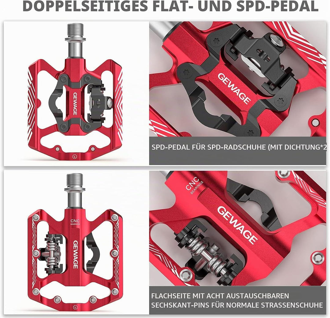 GEWAGE Klickpedale, 2 in 1 Doppelfunktions Flach und Klickpedale mit Reflektor Für SPD, 9/16 Zoll Cr