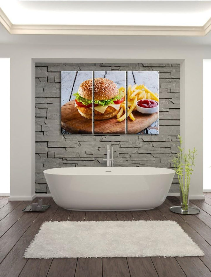 Pixxprint Chickenburger Pommes als Leinwandbild/Grösse: 3 Teilig (120x80 cm) cm/Wandbild/Kunstdruck/