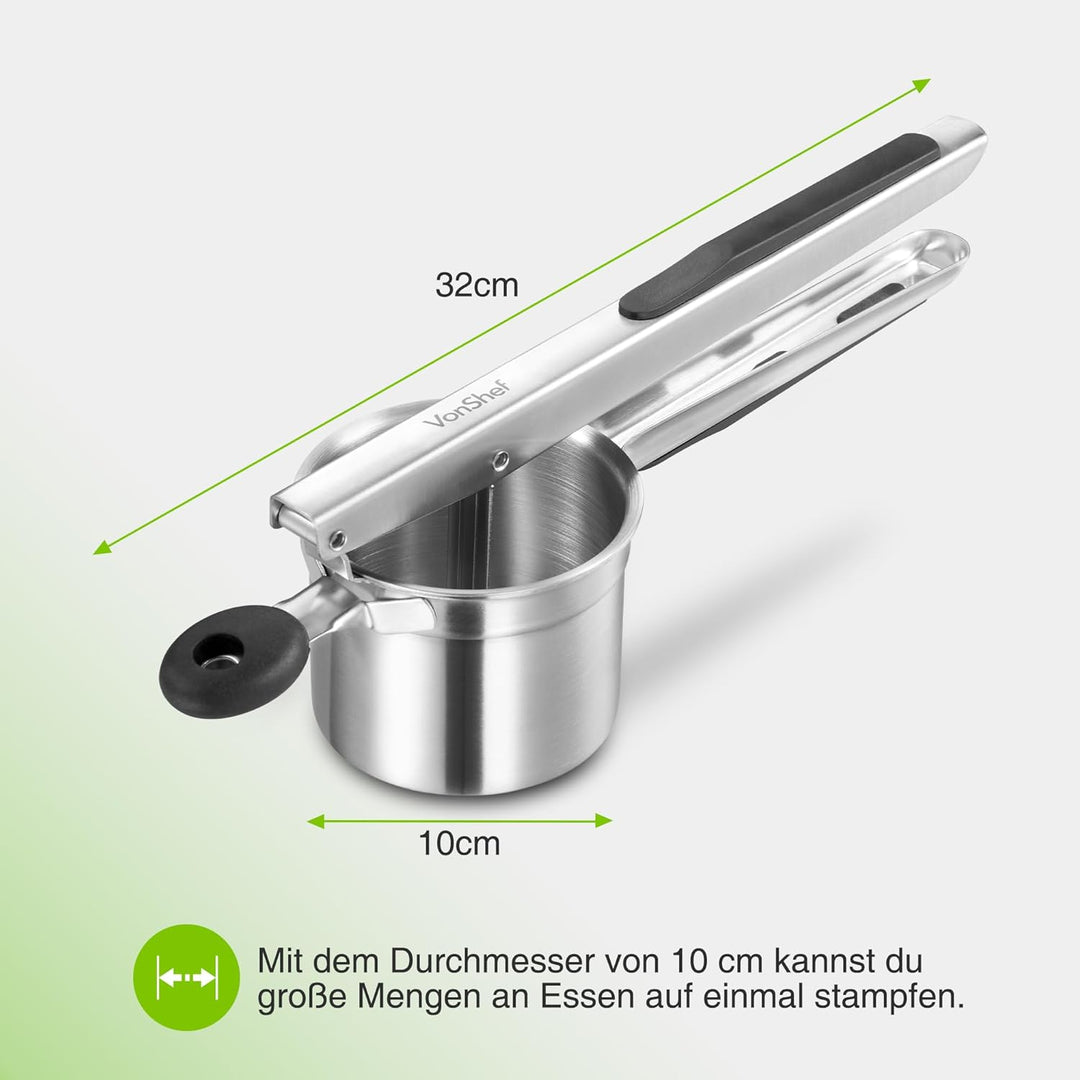 VonShef Kartoffelstampfer – Lebensmittelechte Edelstahl Kartoffelpresse mit Silikongriff – Spülmasch