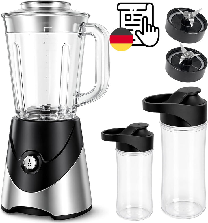 Retoo Blender Standmixer 10-in-1, 1,2L Edelstahl, 2x Bidons, Smoothie Maker mit Ice-Crush Funktion,