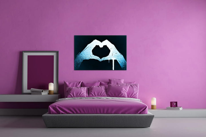 deyoli Zeichnung zwei Hände formen ein Herz Format 80x60 Effekt: Monocrome Blau als Leinwandbild, Mo