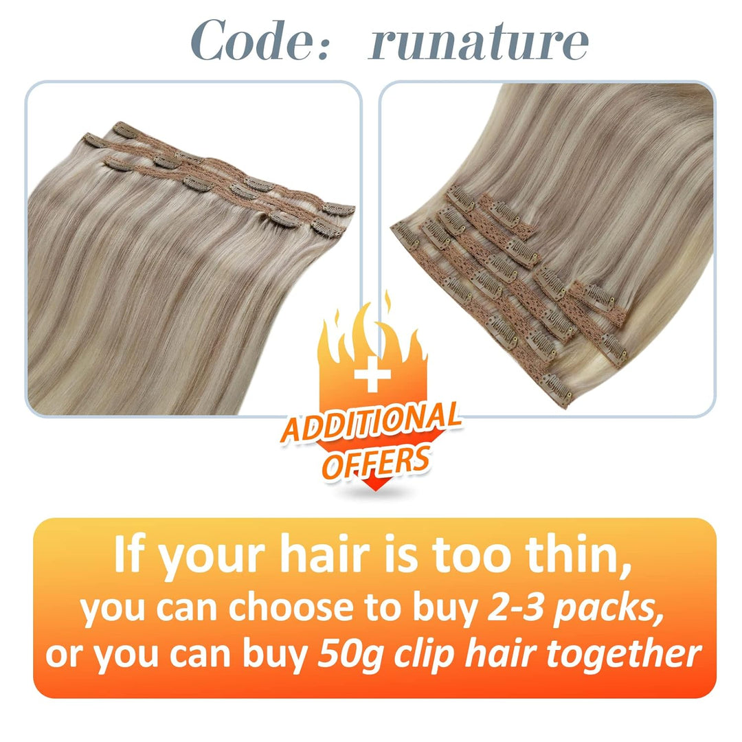RUNATURE Echthaar Extensions Clip in Blond Highlights 45cm Invisible Extensions Clip in Highlight Bl