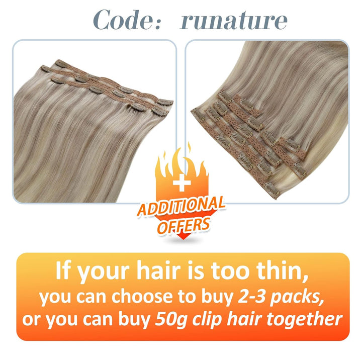 RUNATURE Clip in Echthaar Extensions Dunkel Aschblond mit Platinblond Echthaar Clip in Haarverlanger