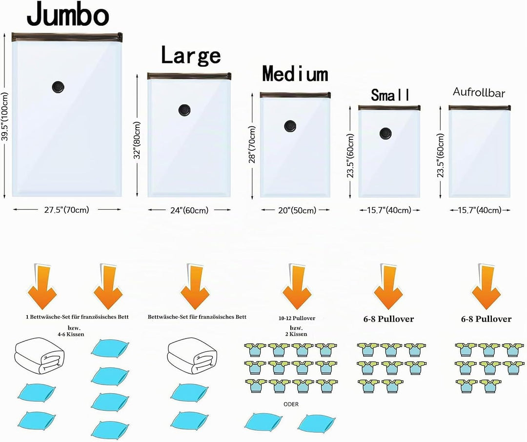 Vakuum-Aufbewahrungsbeutel mit elektrischer Pumpe, (5 Jumbo, 5 gross, 5 mittel, 5 klein, 4 aufrollba