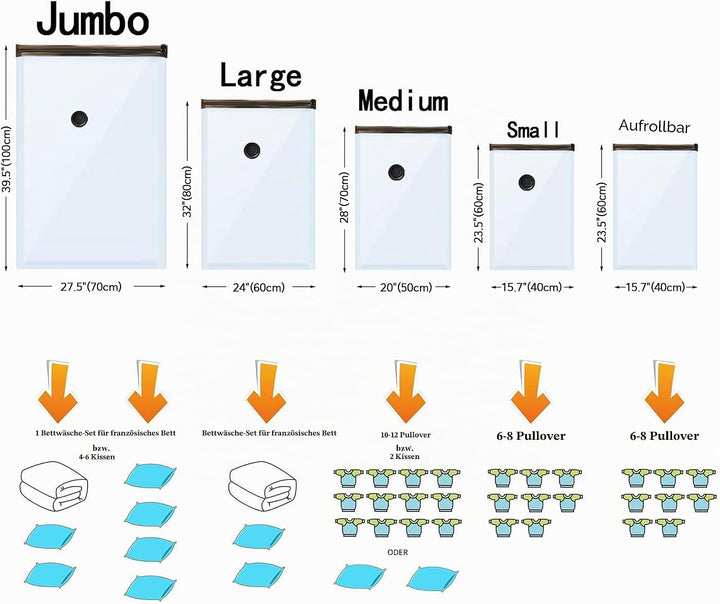 Vakuum-Aufbewahrungsbeutel mit elektrischer Pumpe, (5 Jumbo, 5 gross, 5 mittel, 5 klein, 4 aufrollba