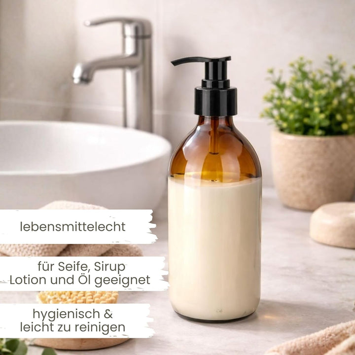 mikken 2 Seifenspender 500 ml Lotionspender aus Braunglas, BPA frei, lebensmittelecht inkl. 1 Tricht