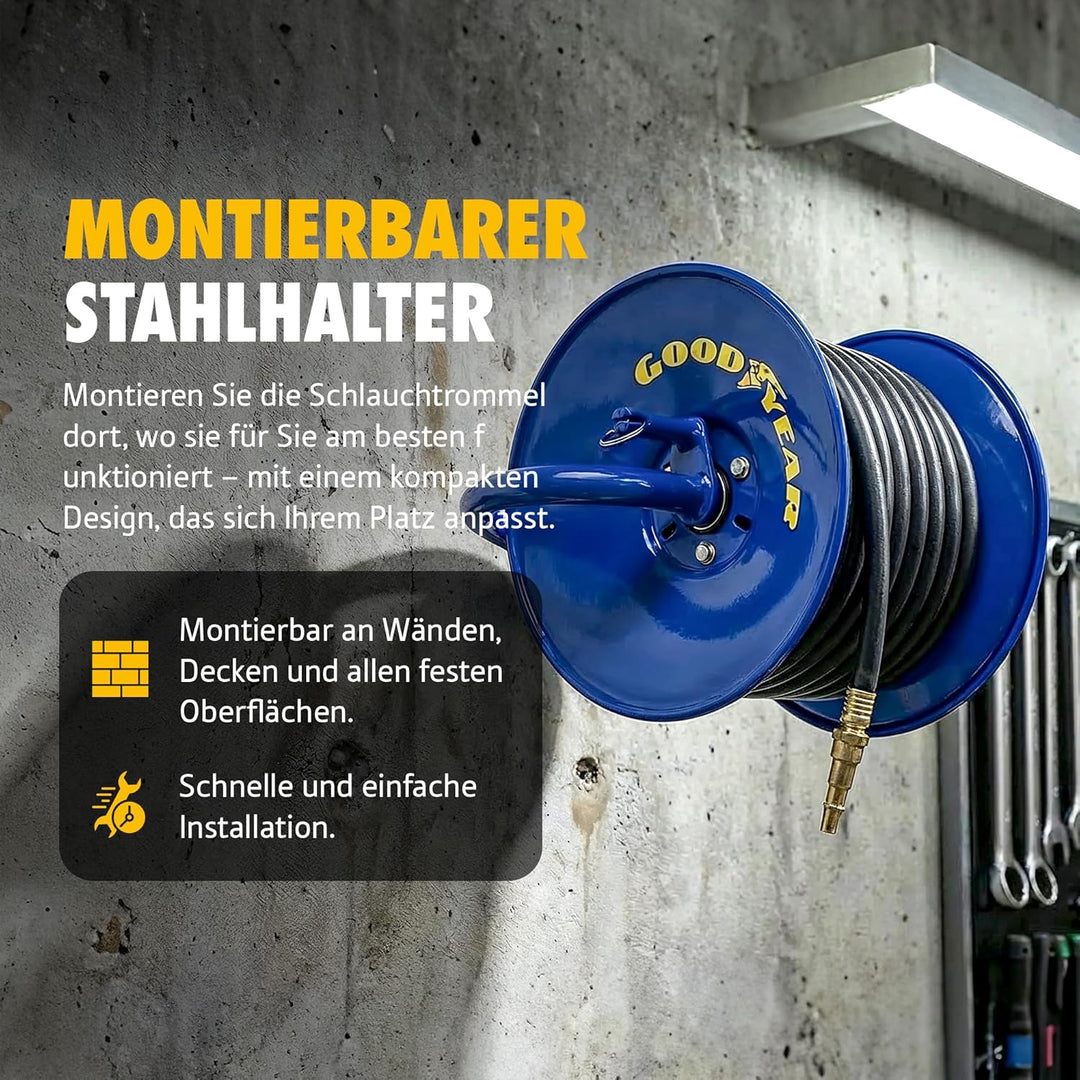 Goodyear Druckluft-Schlauchaufroller mit Handkurbel 30 m x 9,5 mm – Manuelle Schlauchtrommel aus Sta