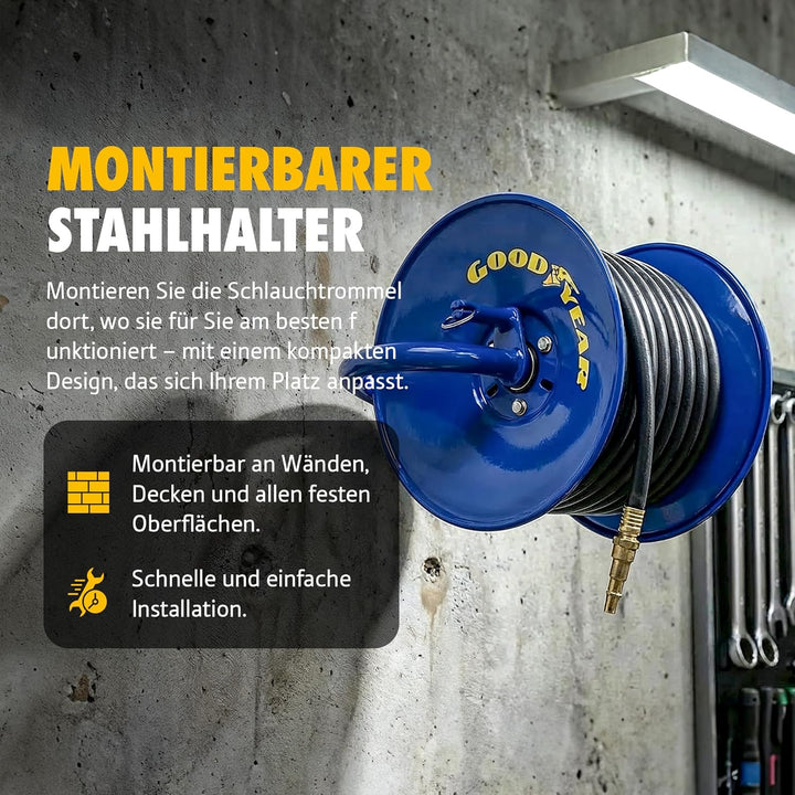 Goodyear Druckluft-Schlauchaufroller mit Handkurbel 30 m x 9,5 mm – Manuelle Schlauchtrommel aus Sta