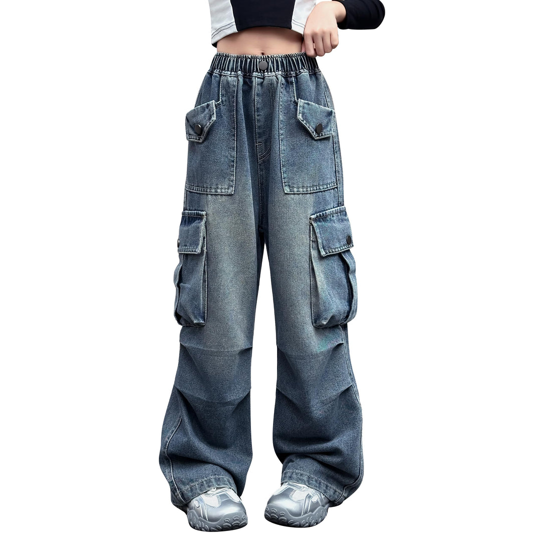 Rolanko Baggy Cargo Jeans für Mädchen, Elastische Hose mit Hoher Taille und Weitem Bein Y2K Jeanshos