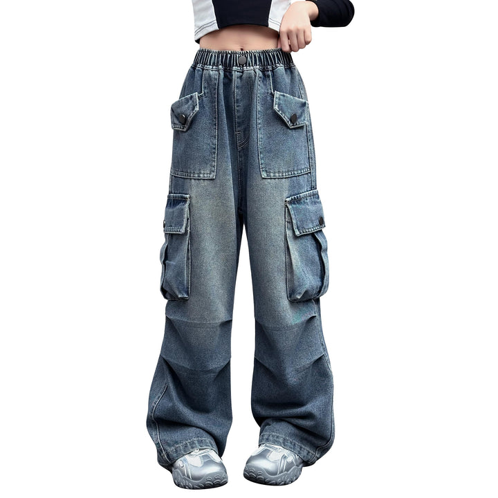Rolanko Baggy Cargo Jeans für Mädchen, Elastische Hose mit Hoher Taille und Weitem Bein Y2K Jeanshos