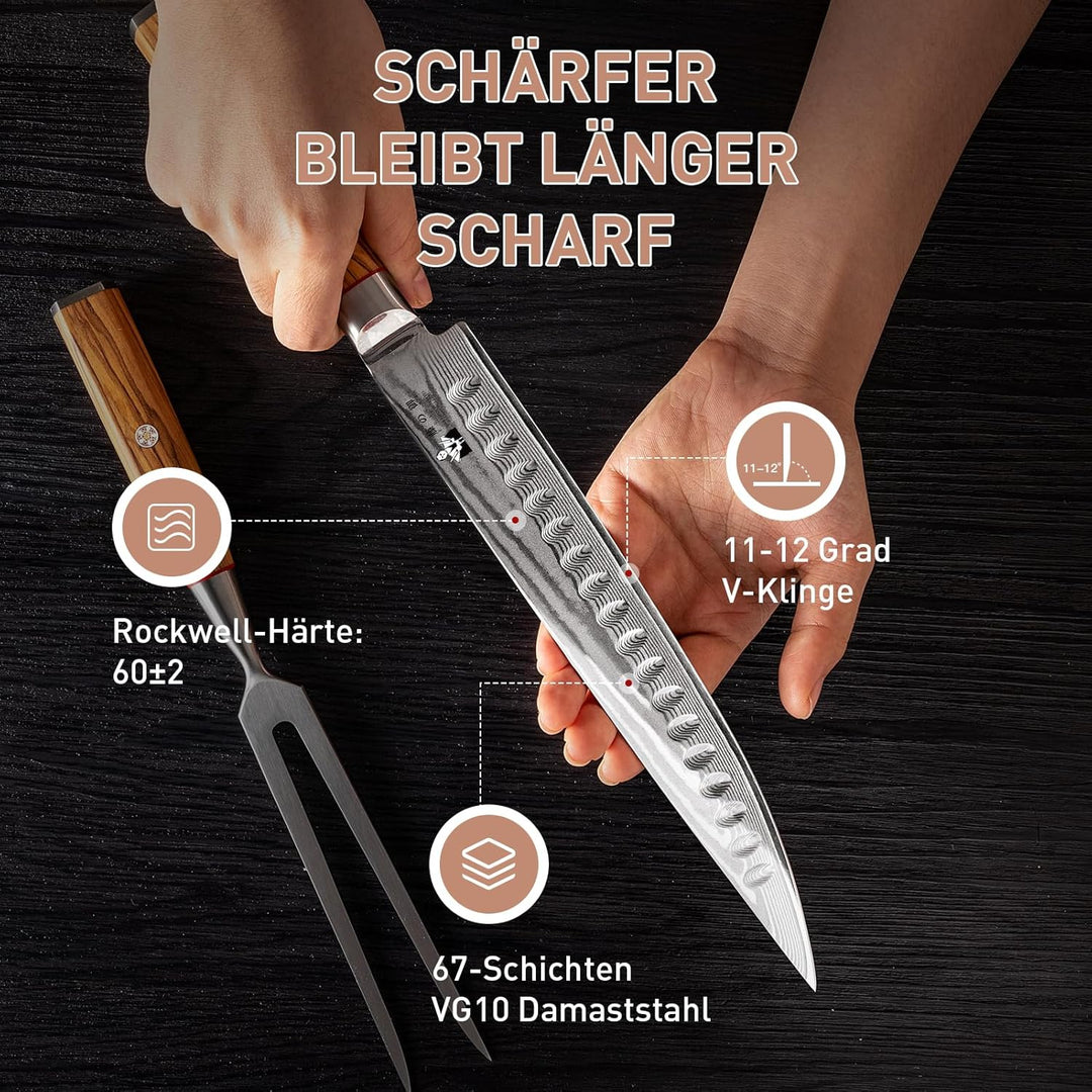 Damast Tranchier-Set mit Gabel, 2-teilig, Fleischmesser Mit Extrem Scharf 22,5cm Klinge Aus 67 Lagen