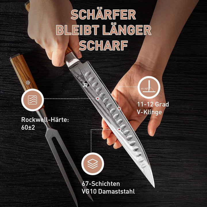 Damast Tranchier-Set mit Gabel, 2-teilig, Fleischmesser Mit Extrem Scharf 22,5cm Klinge Aus 67 Lagen